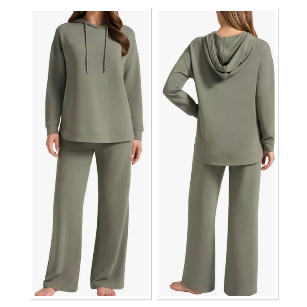 Max Mia Womens 2 Piece Green Hoodie Wide Leg Pant Lounge Set Cozy Minimalist M